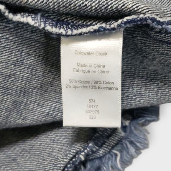 Coldwater Creek Frayed Edge Stretch Denim Jacket Collarless Drk Blue Sz Lg Boho - Picture 8 of 13